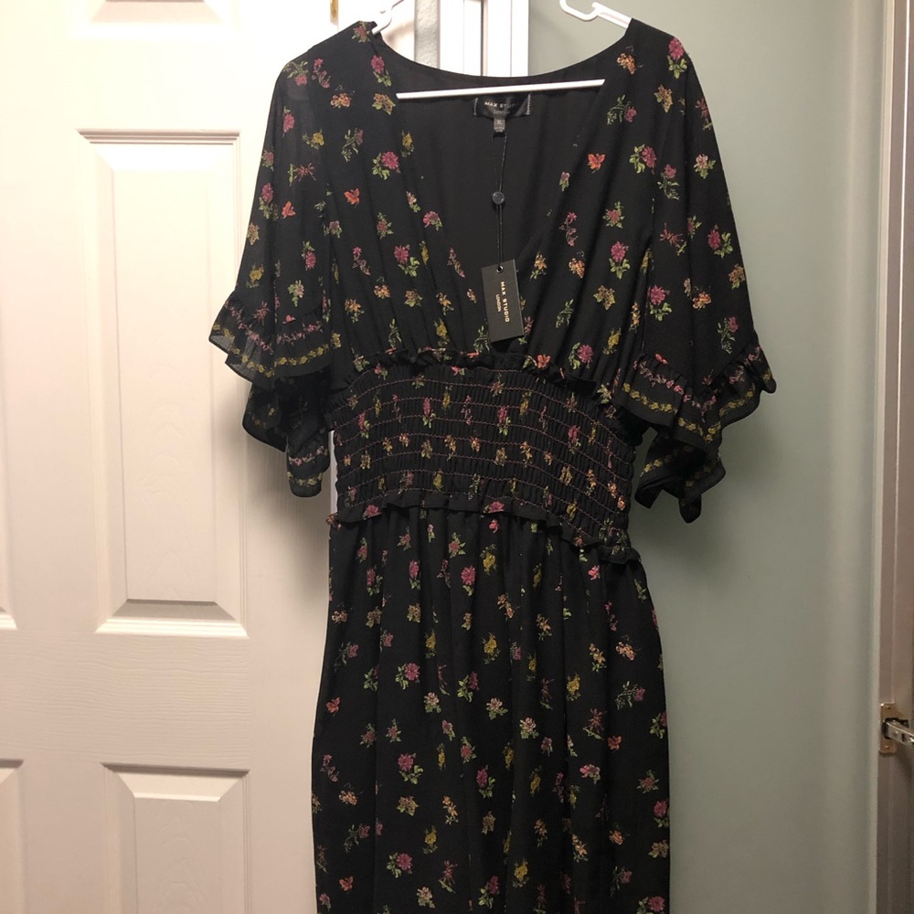 New Max Studio Smocked-Waist Flutter-Sleeve Dress